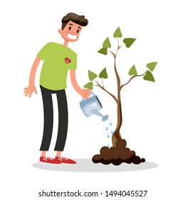 Volunteer plant the green tree. Idea of gardening and social work. Activist water ground. Isolated vector cartoon illustration