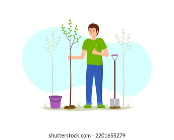 Volunteer planting tree. Vector illustration.