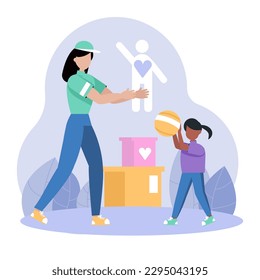 Volunteer plays with child. Charity in orphanage. Toys for orphans. Donation of toys for children. Woman plays ball with girl. Colored vector characters in flat style
