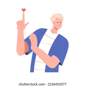 Volunteer pointing at heart, calling for charitable help and support. Humanitarian aid, charity, donation and love concept. Man philanthropist. Flat vector illustration isolated on white background