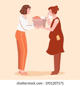 Volunteer and poor woman, vector isolated illustration