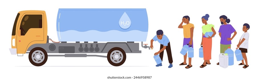 Volunteer pouring water from lorry truck for people suffering from drought natural disaster