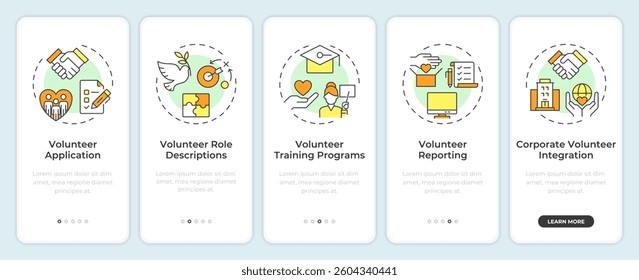 Volunteer program administration onboarding mobile app screen. Walkthrough 5 steps editable graphic instructions with linear concepts. UI, UX, GUI template