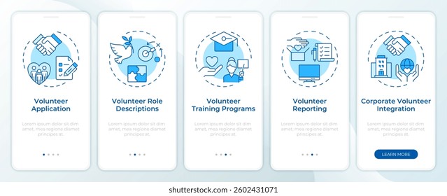 Volunteer program control blue onboarding mobile app screen. Walkthrough 5 steps editable graphic instructions with linear concepts. UI, UX, GUI template