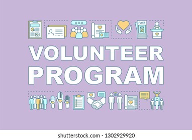 Volunteer Program Word Concepts Banner. Community Service. Presentation, Website. Charity Organization. Isolated Lettering Typography Idea With Linear Icons. Vector Outline Illustration