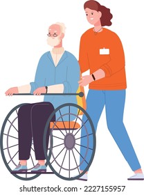 Volunteer pushing senior in wheelchair. Woman helping disabled person isolated on white background