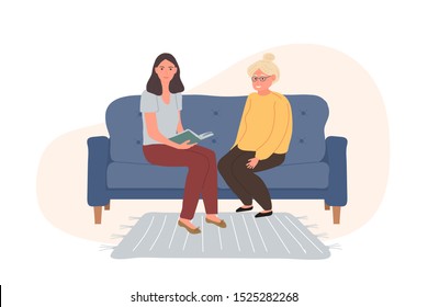 Volunteer Is Reading A Book Older Grey Haired Woman Sitting On The Blue Couch. Social Workers Taking Care About Seniors People. Caring For The Elderly. Vector Illustration