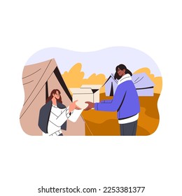 Volunteer in refugee camp, donating to homeless needy poor person. Humanitarian aid, charity, charitable help, philanthropy concept. Flat graphic vector illustration isolated on white background