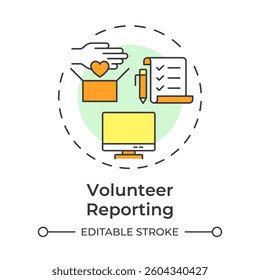 Volunteer reporting multi color concept icon. Tracking activities. Supporters program administration. Round shape line illustration. Abstract idea. Graphic design. Easy to use in brochure