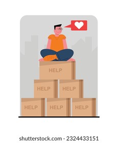 Volunteer rests after long day of work. Male character is sitting on pile of boxes with sorted charity aid. Concept of volunteering. Donations from community support