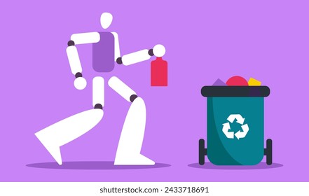 Volunteer Robot clearing the streets of trash and natural debris. AI Waste recycling service. Flat vector illustration.