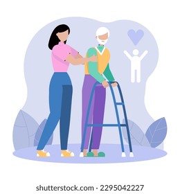 Volunteer sauntering with infirm elderly person. Female caregiver supporting male pensioner leaning on walking frame outdoors. Flat vector illustration