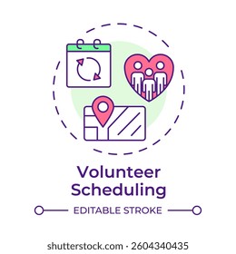 Volunteer scheduling multi color concept icon. Nonprofit organization work planning. Contribution management. Round shape line illustration. Abstract idea. Graphic design. Easy to use in brochure
