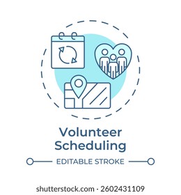 Volunteer scheduling soft blue concept icon. Nonprofit organization work planning. Contribution management. Round shape line illustration. Abstract idea. Graphic design. Easy to use in brochure