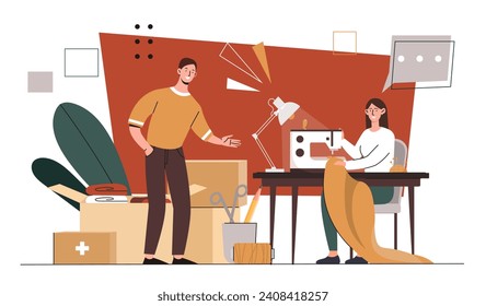 Volunteer seamstress concept. Man and woman with sewing machine. Production of clothes. Handade and handicraft. People in workshop. Atelier and tailor. Cartoon flat vector illustration