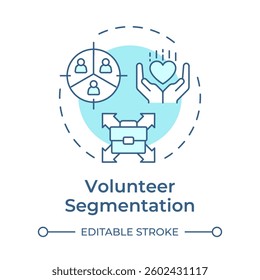 Volunteer segmentation soft blue concept icon. Categorizing supports by skills. Contribution management. Round shape line illustration. Abstract idea. Graphic design. Easy to use in brochure