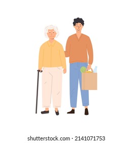 Volunteer with senior person helping to buy groceries. Social worker helping grandpa. Male caretaker and elderly woman doing shopping. Nursing retirement home services. Vector isolated illustration.