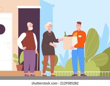 Volunteer Seniors Delivery. Guy Help Food Elderly Family, Carry Parcel Meal Old Vulnerable People, Care Support Senior, Neighbour Helping Volunteering, Splendid Vector Illustration