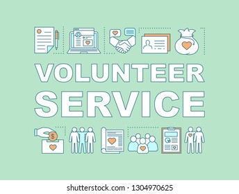 Volunteer service word concepts banner. Sponsorship. Presentation, website. Charitable fundraising. Isolated lettering typography idea with linear icons. Vector outline illustration