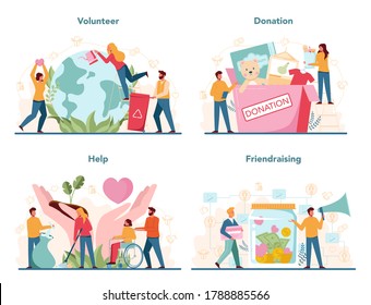 Volunteer set. Charity community support people, donate clothes, take care of the planet, make a donation. Idea of care and humanity. Isolated vector illustration