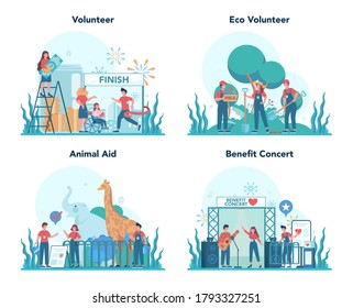 Volunteer set. Charity community support people in need, take care of the planet, make a donation. Idea of care and humanity. Isolated vector illustration
