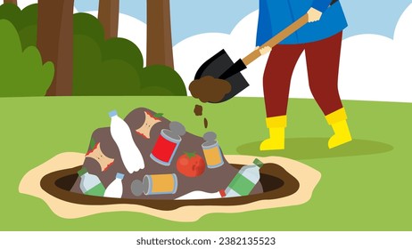 Voluntario con una pala saca basura en el bosque. Ilustración del vector