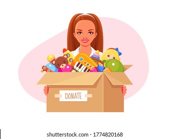 Volunteer smiling girl holding in hands donation paper box with children's toys. Doll, bear, toy blocks, bucket, ball and musical piano set. Vector charity concept illustration