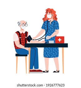 Volunteer or social nurse provides medical assistance at home to an elderly man during the quarantine period, cartoon vector illustration isolated on white background.