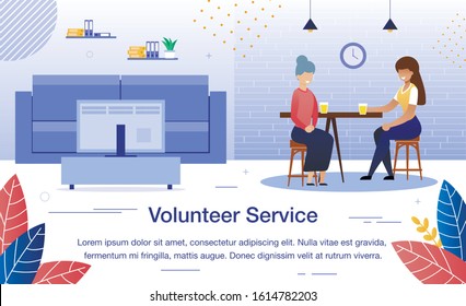 Volunteer, Social Worker Service, Help for Aged Person Trendy Flat Vector Banner, Poster Template. Female Volunteer, Young Lady, Spending Time, Talking with Senior Woman at Home Kitchen Illustration