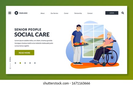 Volunteer Social Worker Serving Meal To Disabled Elderly Man On Wheelchair. Young Man Cooked Food For His Father Or Grandfather. Vector Cartoon Characters Illustration. Taking Care Of Seniors People