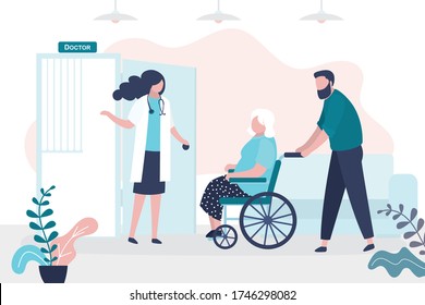 Volunteer or son brought grandmother on wheelchair to doctor appointment. Concept of medical service and geriatric care. Sick elderly person. Hospital visit and healthcare. Flat vector illustration