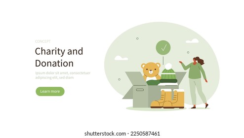 Volunteer sorting and organizing donated clothes in box for charity. Giving and supporting through financial contributions and donation concept. Vector illustration.