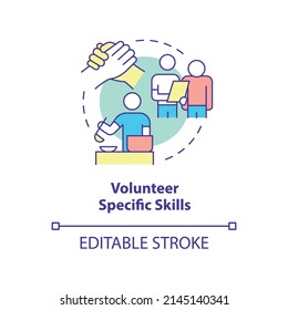 Volunteer specific skills concept icon. Assist and provide service. Helping refugees abstract idea thin line illustration. Isolated outline drawing. Editable stroke. Arial, Myriad Pro-Bold fonts used