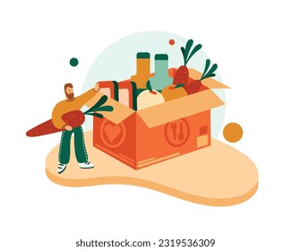 Volunteer standing near big box, holding carrot and collecting food for homeless and elder persons. Social active youth. Vector flat illustration in green and orange colors