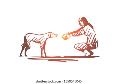 Volunteer, street, animal, help concept. Hand drawn volunteer feeding street animal concept sketch. Isolated vector illustration.