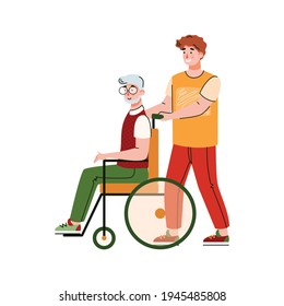 Volunteer supporting an elderly disabled man flat vector illustration isolated.