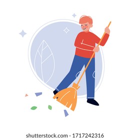 Volunteer Sweeping Outdoor with Broom, Boy Helping to Remove Autumn Leaves Vector Illustration