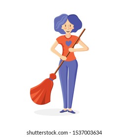 Volunteer sweeping outdoor. Young woman helps to remove autumn leaves. Volunteering, ecology, environment concept. Vector flat illustration. Public works. Janitor with a broom