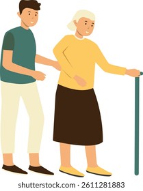 Volunteer Taking Care About Old People. Vector Character Illustration.
