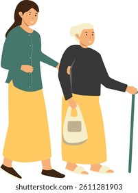 Volunteer Taking Care About Old People. Vector Character Illustration.