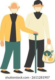 Volunteer Taking Care About Old People. Vector Character Illustration.