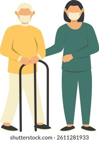 Volunteer Taking Care About Old People. Vector Character Illustration.