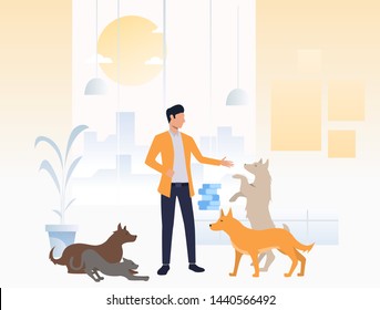 Volunteer taking care of cats and dogs in animal shelter. Homeless pets, veterinary clinic concept. Vector illustration can be used for topics like animal shelter, adoption, charity