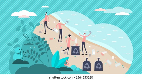Volunteer team cleaning plastic pollution waste on the beach near forest. Flat tiny persons concept vector illustration. Planet environment problem and waste crisis. Global sustainability balance.