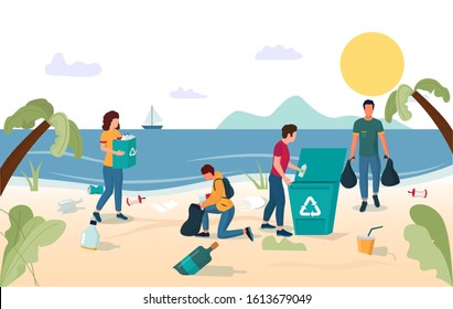 Volunteer team group of young people male and female characters collecting garbage on beach, vector flat illustration. Beach cleaning, volunteering, ecology concept for web banner, website page etc.