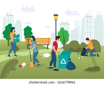 Volunteer team group of young people male and female characters sweeping and collecting garbage in city park, vector illustration. Park cleaning, volunteering concept for web banner, website page etc.