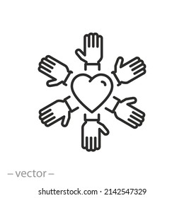 volunteer team icon, need charity, logo hands with heart, join for international help, people collaboration, thin line symbol on white background - editable stroke vector illustration