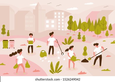 Volunteer team of young man and woman are cleaning garbage on the city park, small people, children planting tree. Vector illustration of volunteering for Social workers concept. Banner template