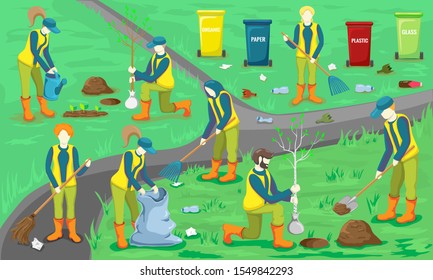 Volunteer team of young people sweeping, cleaning garbage, planting trees and watering sprout in city park. Ecological lifestyle. vector flat illustration. people take care of planet and environment.