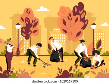 Volunteer team of young people are sweeping and cleaning garbage of city autumn park. Altruistic person clean up environment from waste. Vector flat illustration.